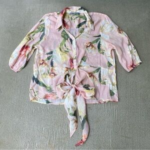 Floral Tie-Front Blouse Pink Green Small